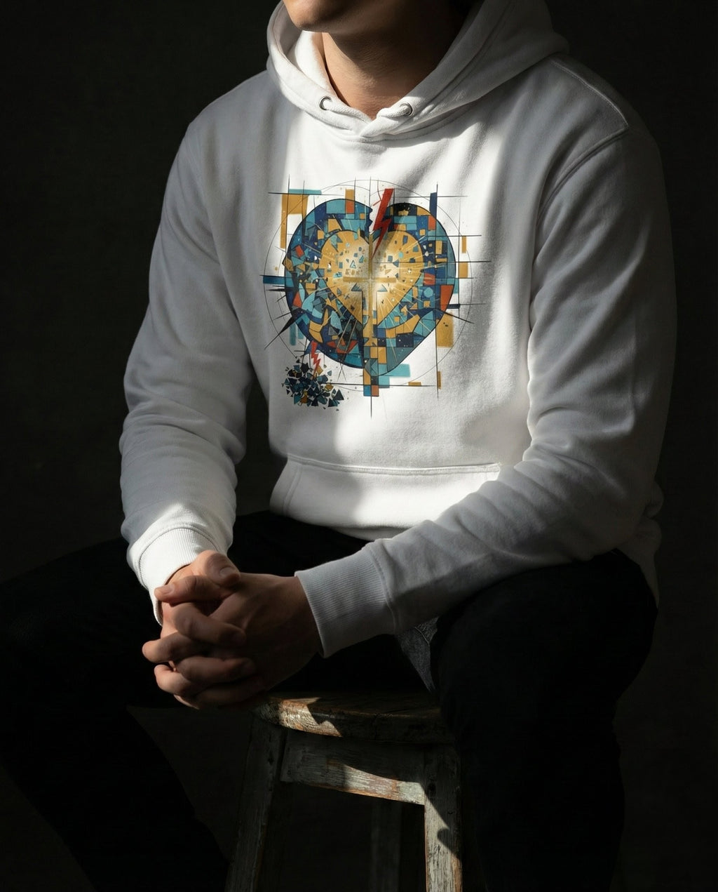 Model wearing the White Imperishable hoodie, showing a blue and teal mosaic heart, golden cross of light and red bolt.