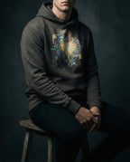 Model wearing the Vintage Black Imperishable hoodie, showing a blue and teal mosaic heart, golden cross of light and red bolt.