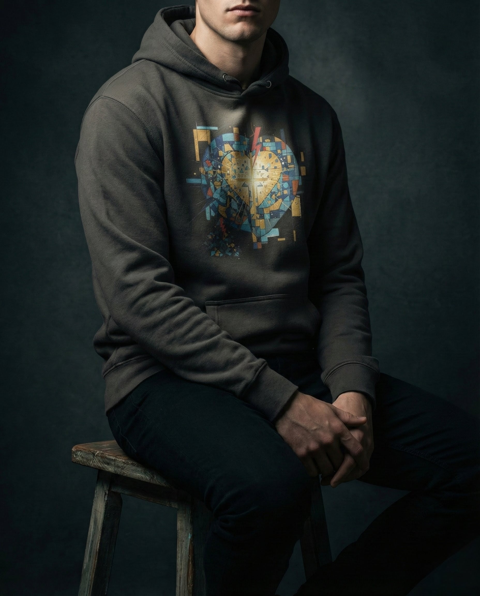 Person wearing a dark hoodie with a colorful graphic design, sitting on a stool against a dark background.