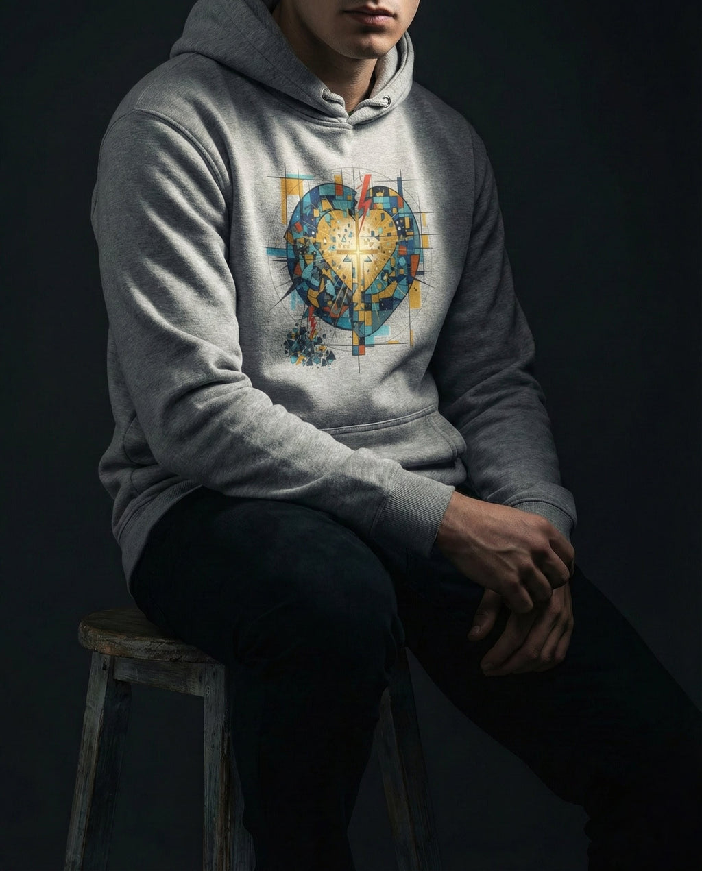 Model wearing the Carbon Grey Imperishable hoodie, showing a blue and teal mosaic heart, golden cross of light and red bolt.