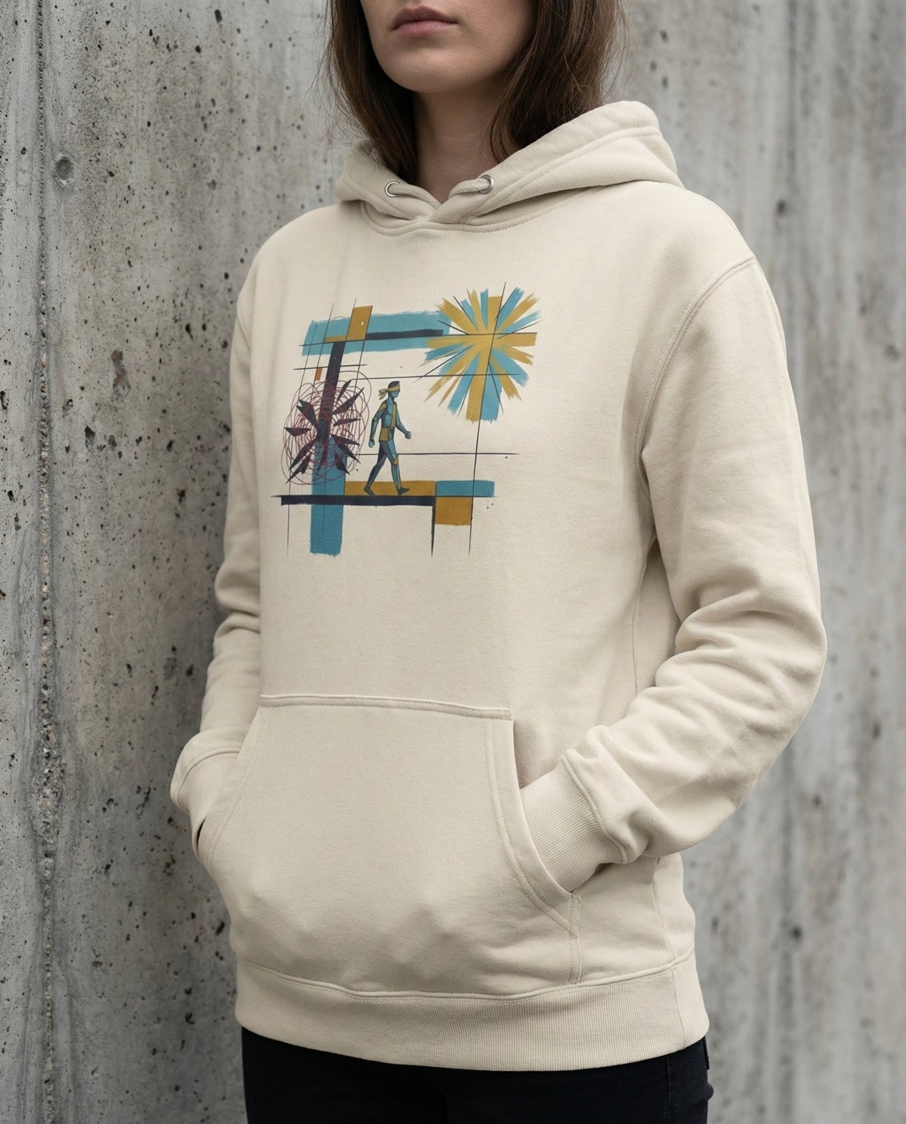 Person wearing a beige hoodie with a graphic design against a concrete wall.