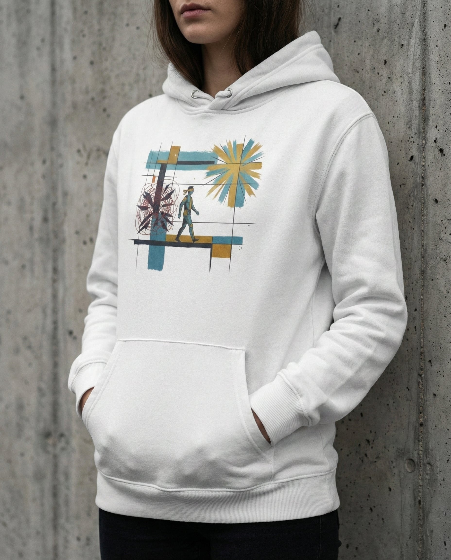 Person wearing a white hoodie with a colorful graphic design against a concrete wall.