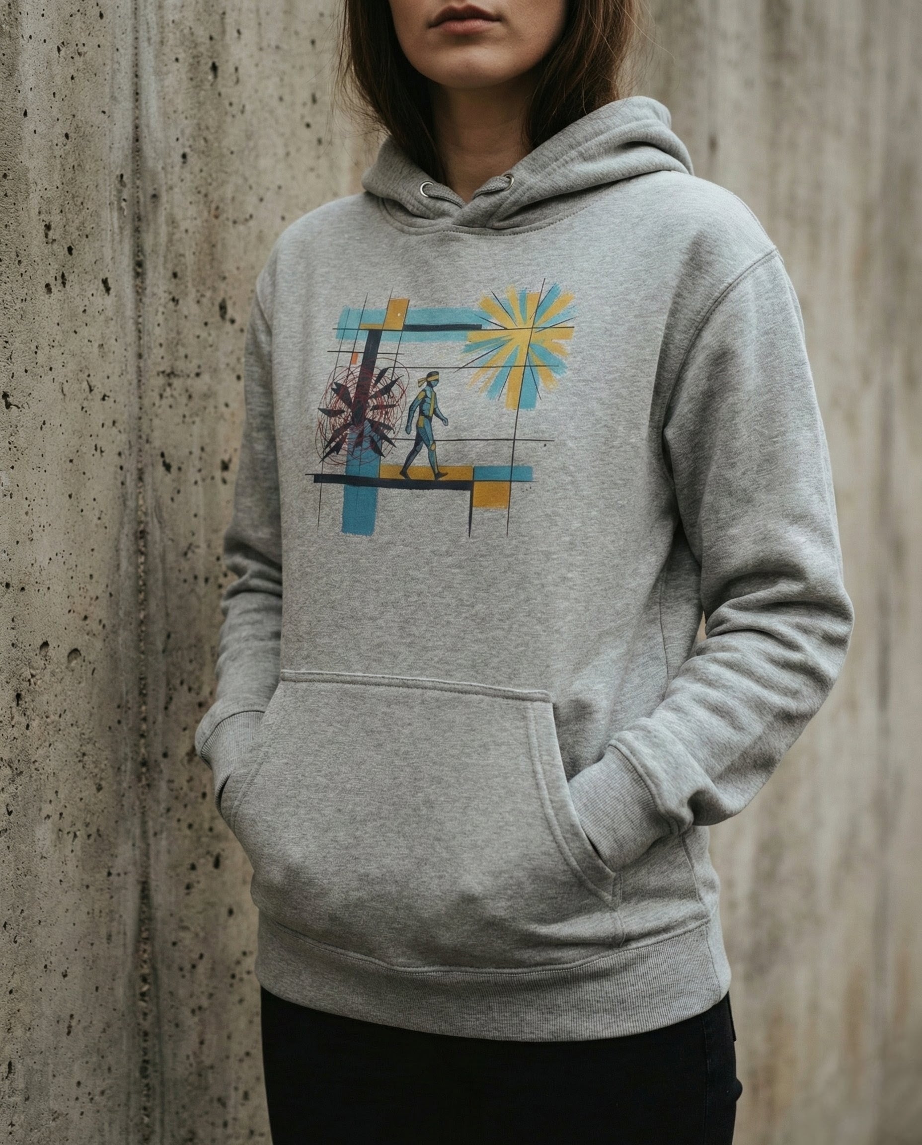 Person wearing a gray hoodie with a graphic design against a textured wall.