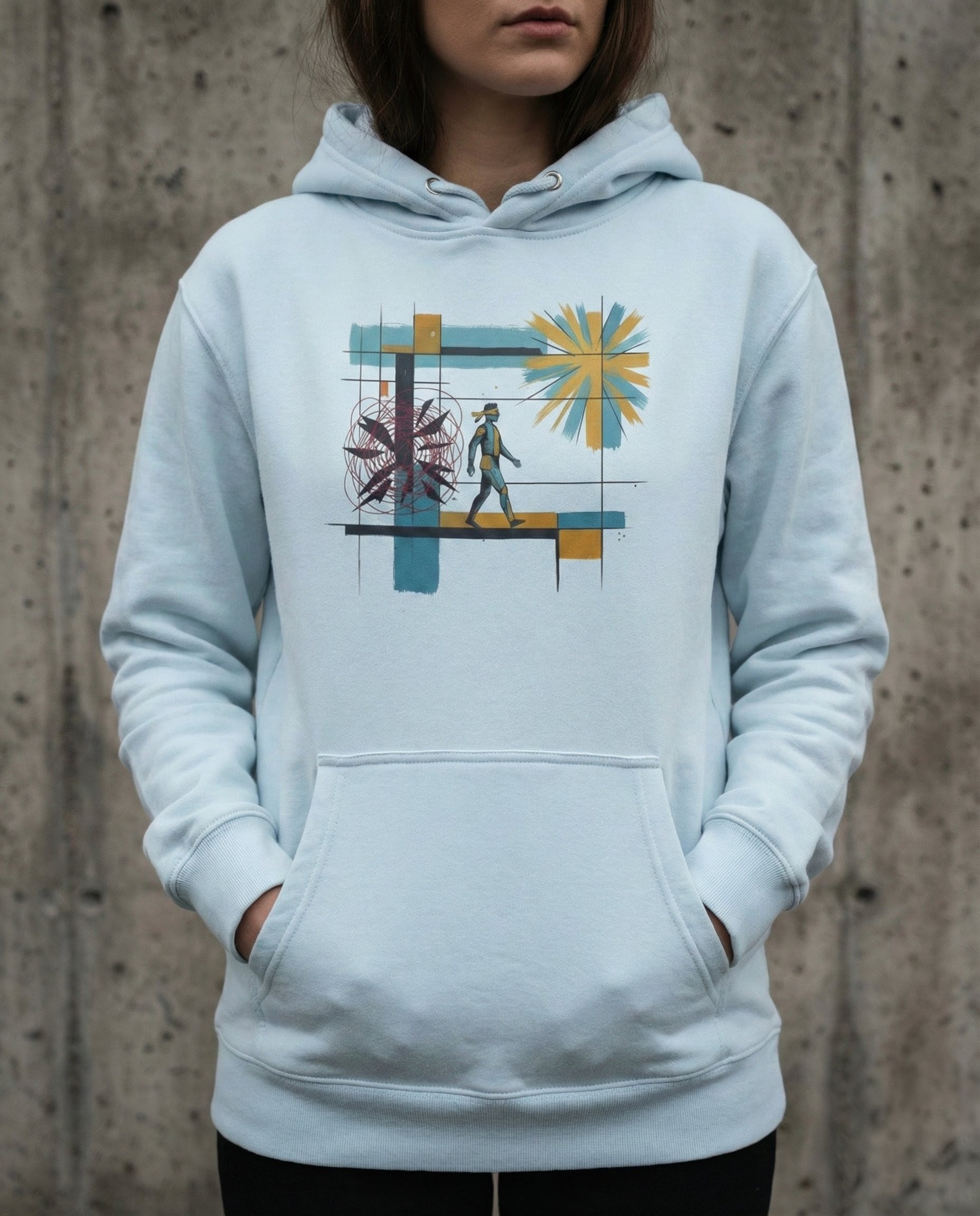 Light blue hoodie with a colorful graphic design worn by a person against a concrete wall.