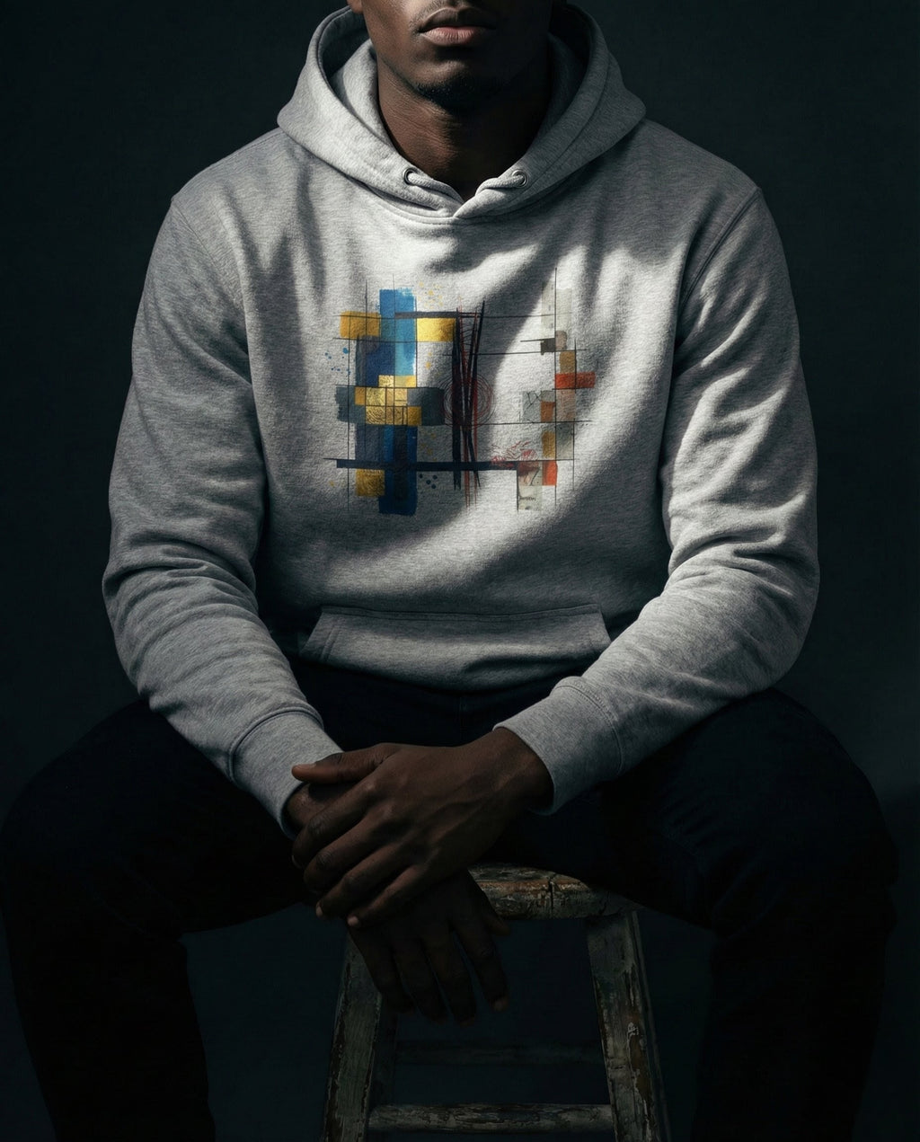 Model wearing the Carbon Grey Lazarus Hoodie with gold, blue, grey and rust geometric artwork.