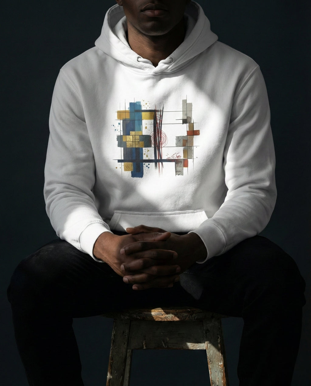 Selah Supply Co. The Lazarus Hoodie in white. Model in a dark workshop wearing a Christian graphic hoodie that visualizes the 'Great Reversal' of Luke 16 through an abstract design of gold, blue, and a haunting red spiral.