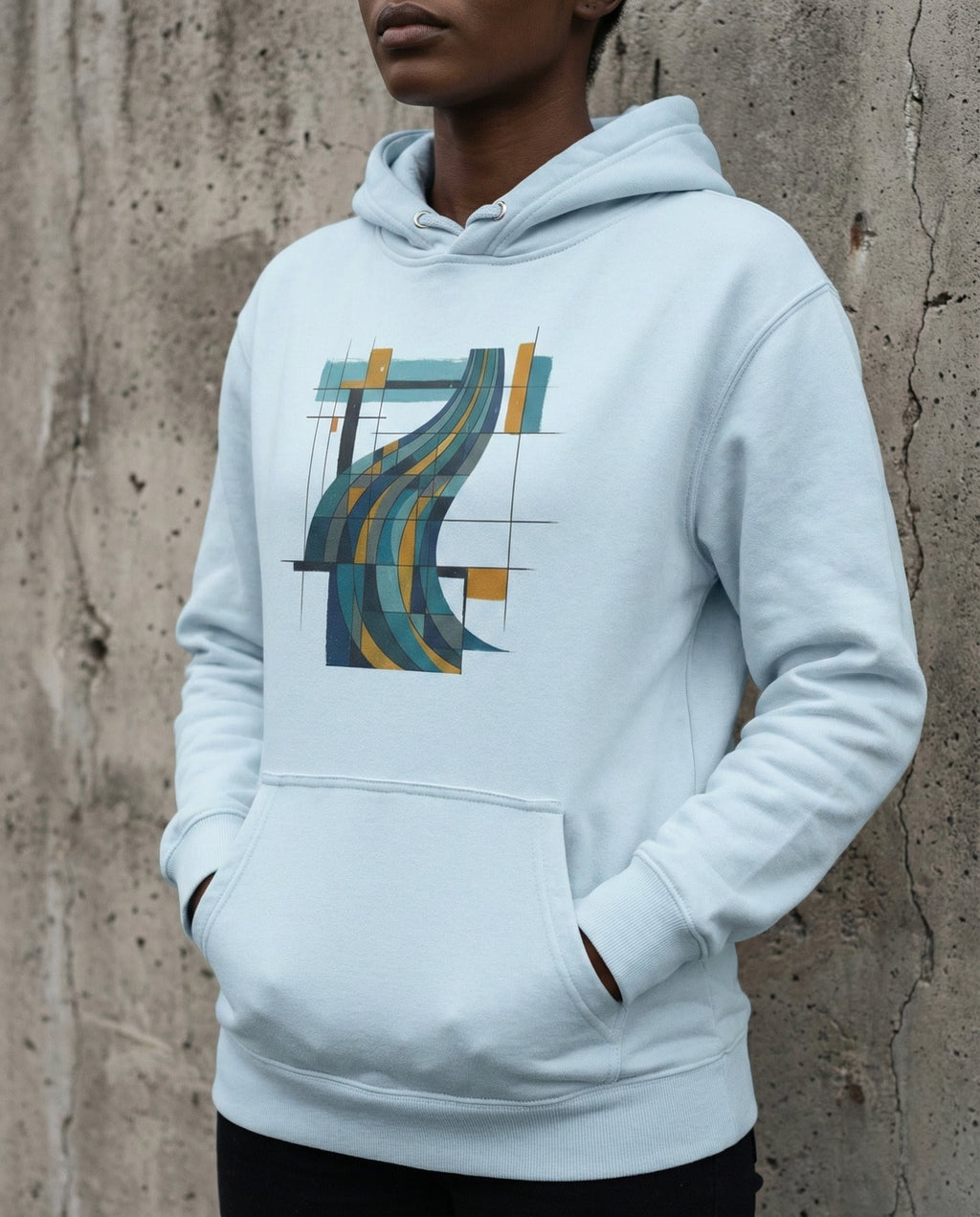 Model wearing the Sky Blue Many Waters Hoodie with flowing blue, teal and gold bands crossing a black geometric grid on the front.