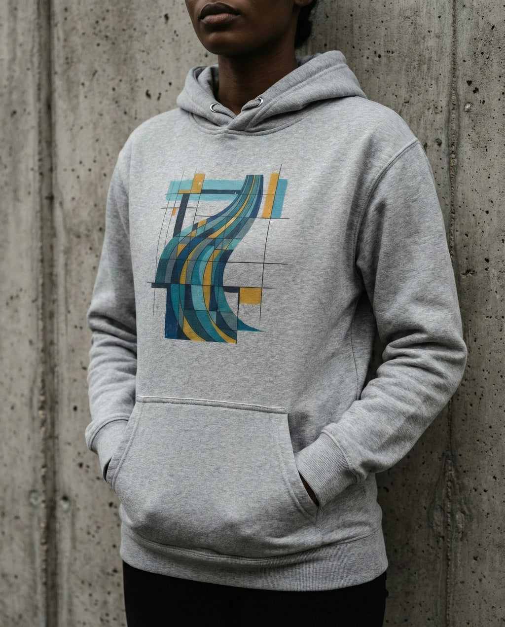 Model wearing the Carbon Grey Many Waters Hoodie with flowing blue, teal and gold bands crossing a black geometric grid on the front.