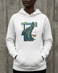 White 'The Many Waters Hoodie' displayed against a weathered concrete wall. The vibrant blue and gold graphic illustrates the promise that the arm of the Lord is never too short to save, based on the imagery of Psalm 18:16.