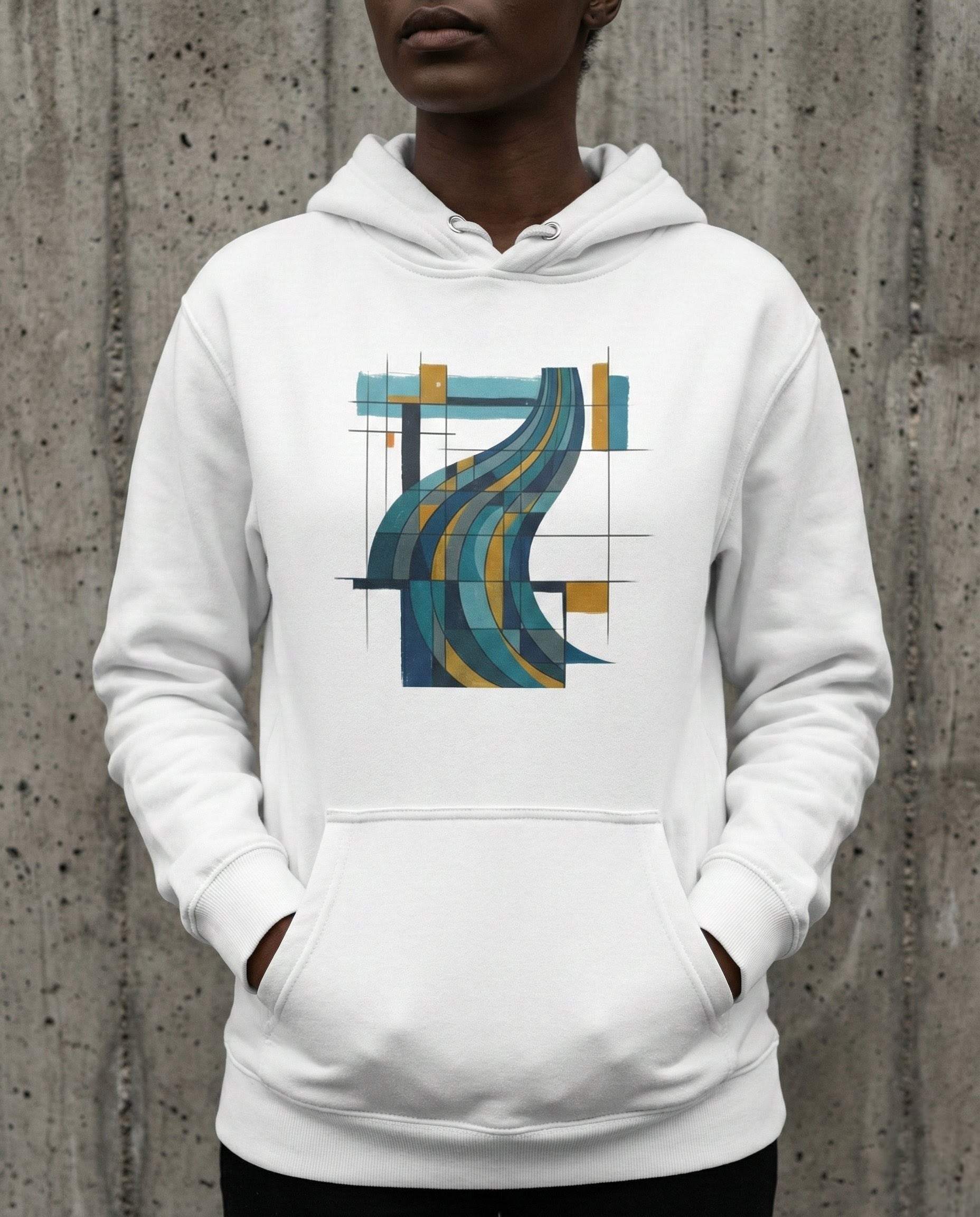 White hoodie with a colorful abstract design on a concrete wall background