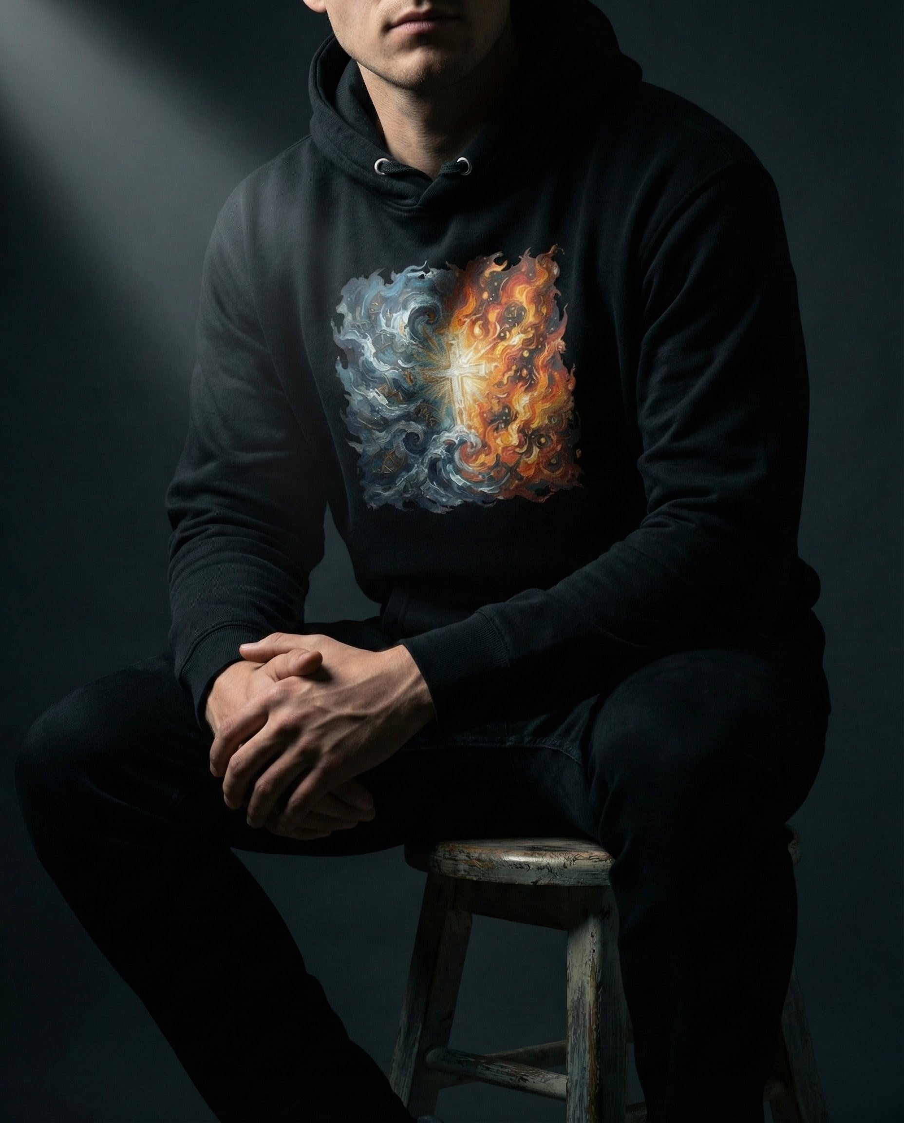 Person wearing a black hoodie with a colorful nebula design, sitting on a stool against a dark background.