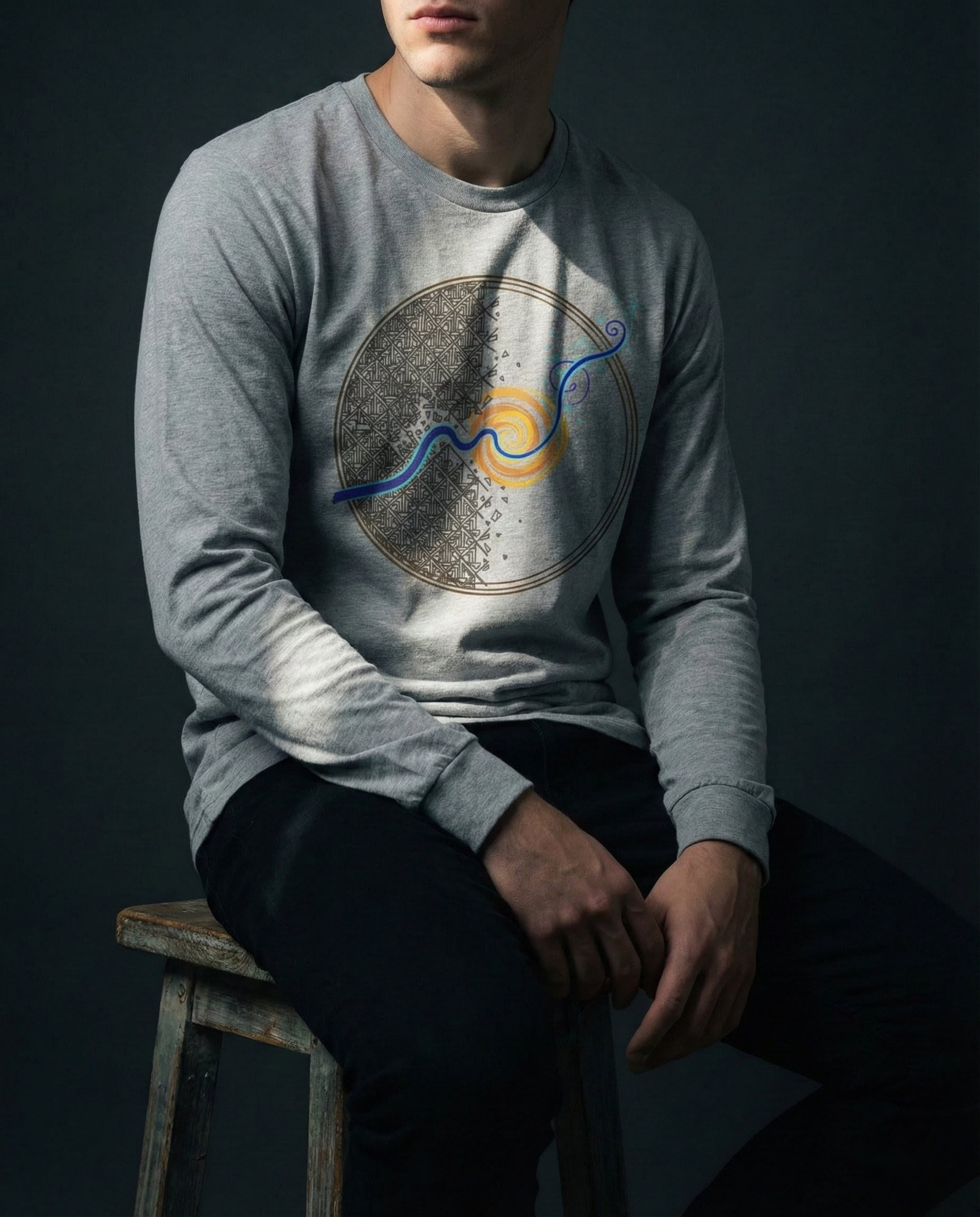 Person wearing a gray long-sleeve shirt with a graphic design, sitting on a stool against a dark background