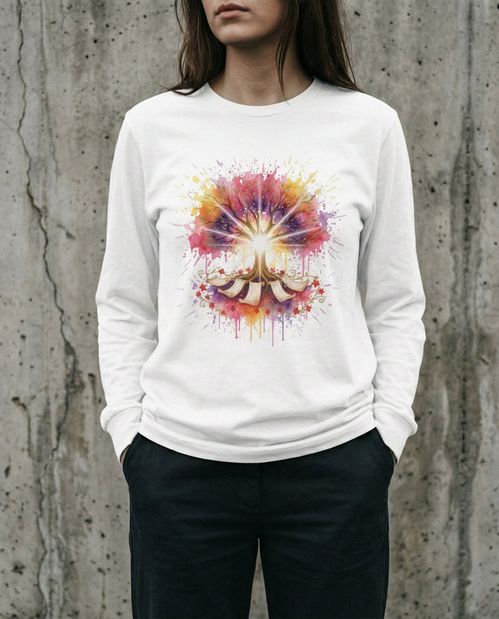 Selah Supply Co. The Apologia Long Sleeve Tee in White. Model wearing a Christian graphic tee featuring a luminous tree with an intensely bright core and ancient scrolls emerging from its roots. Inspired by the mandate of 1 Peter 3:15.