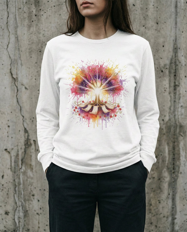 Person wearing a white sweatshirt with a colorful abstract design against a concrete wall.