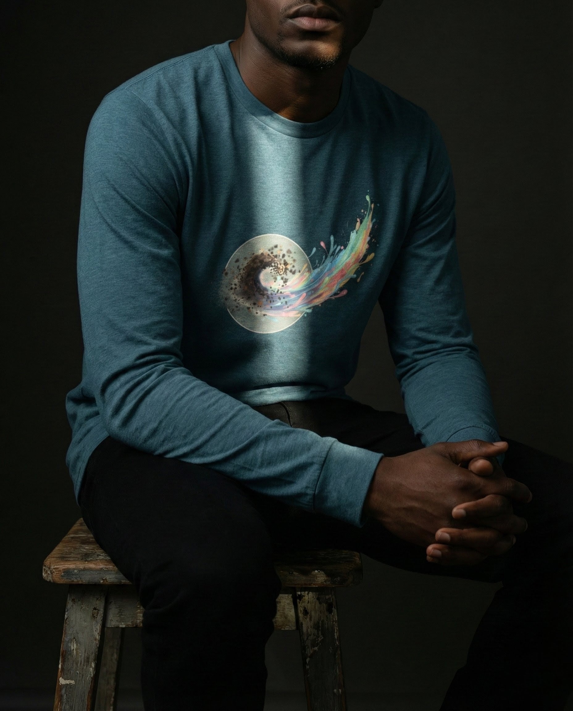 Person wearing a blue long-sleeve shirt with a graphic design, sitting on a wooden stool against a dark background.
