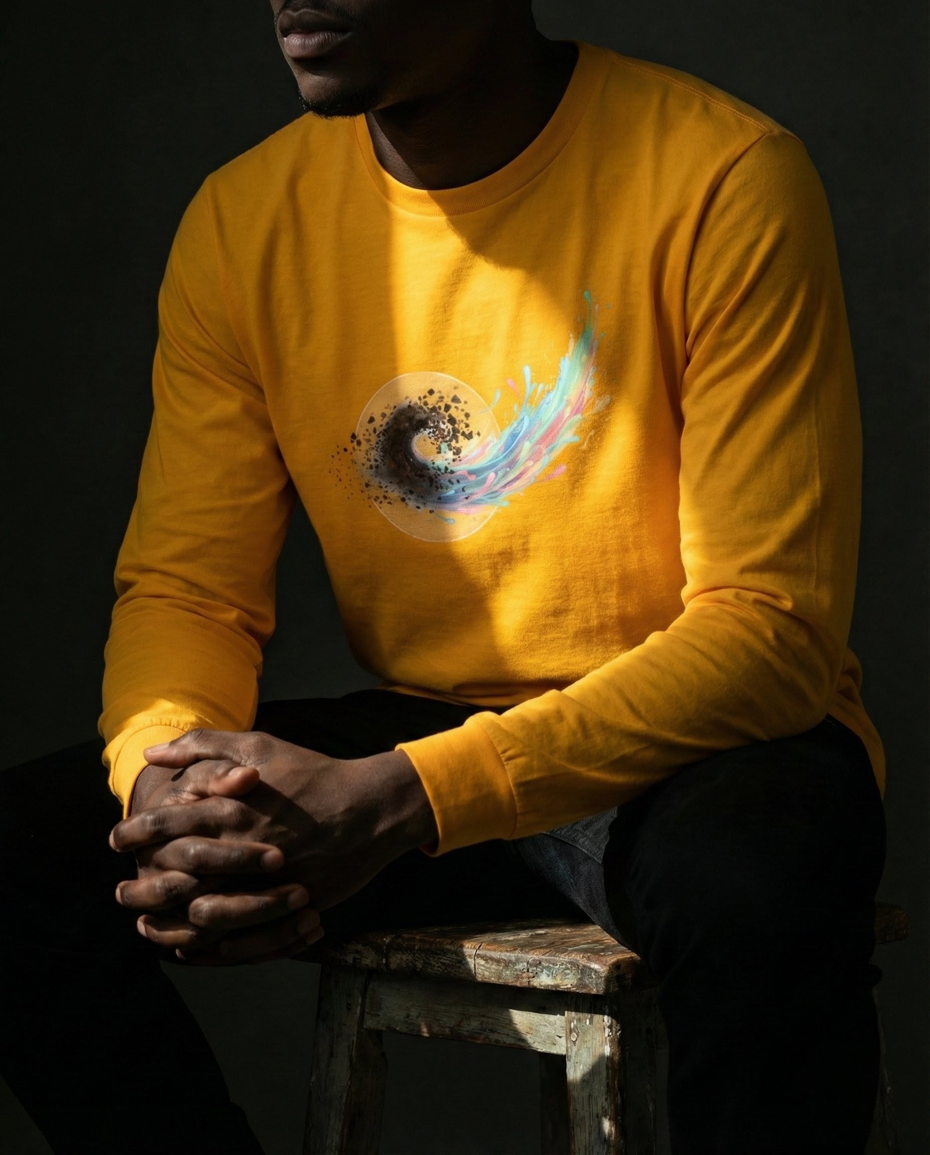 Person wearing a yellow long-sleeve shirt with a colorful design, sitting on a dark background.