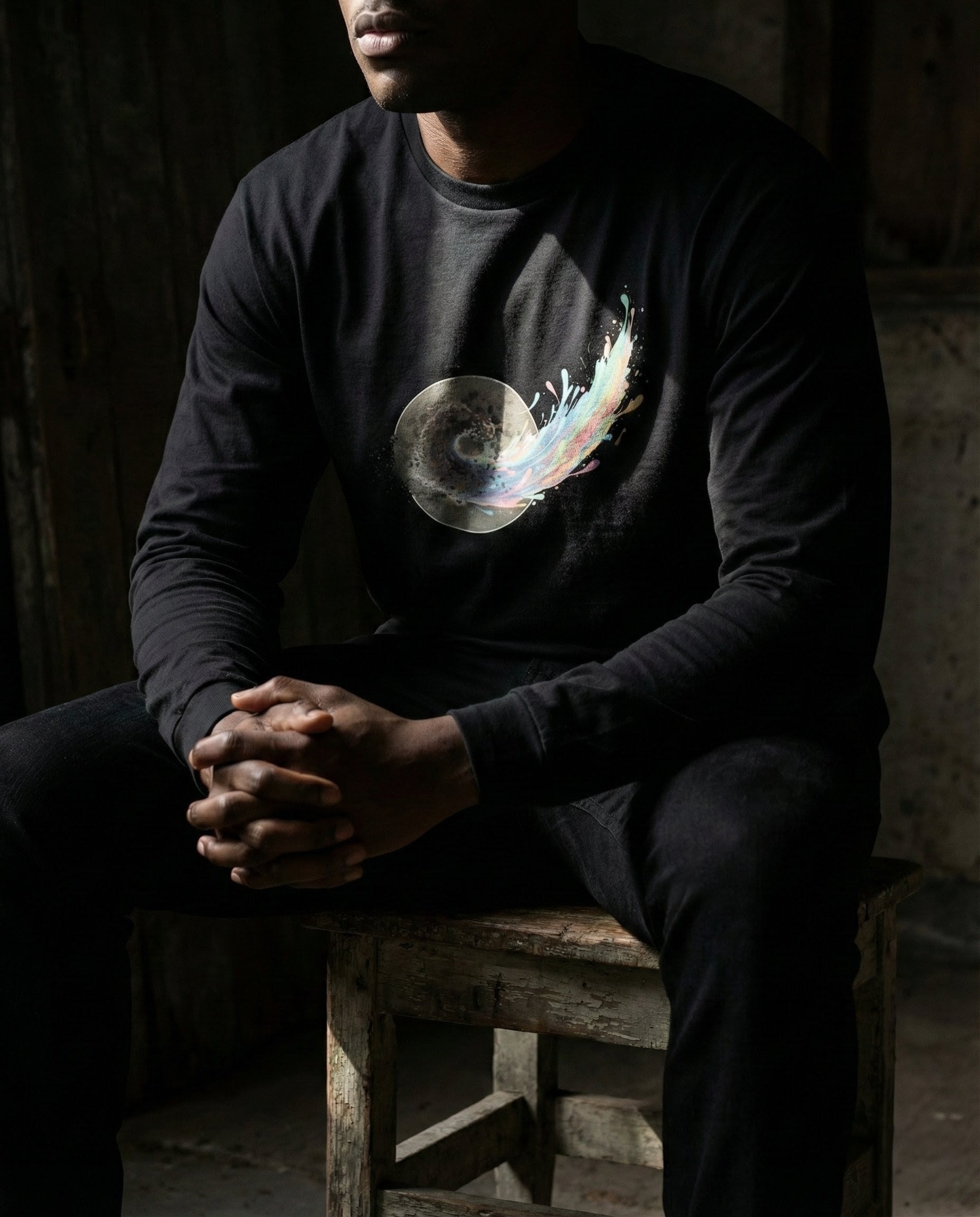 Person wearing a black long-sleeve shirt with a colorful design sitting on a wooden stool.