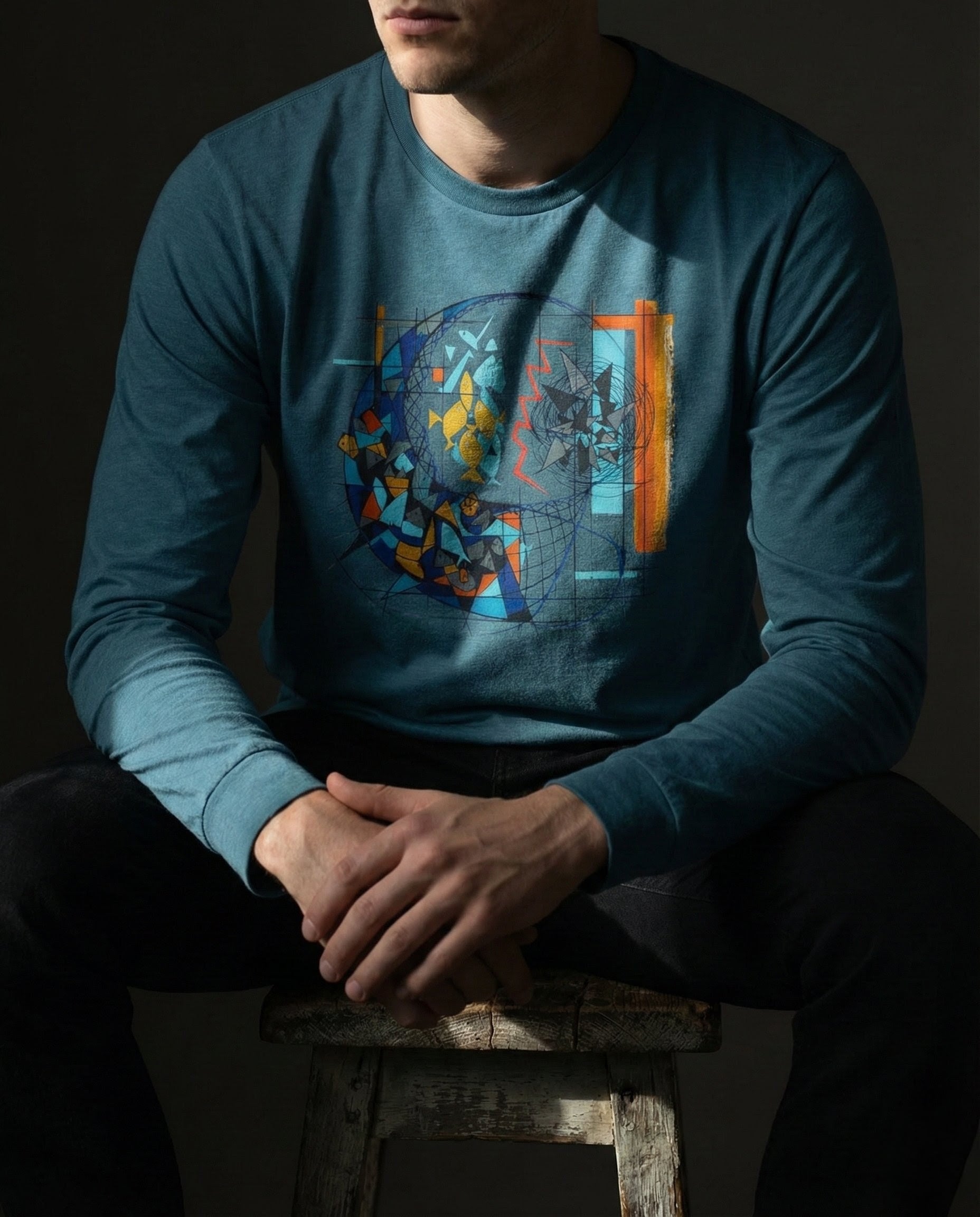 Person wearing a blue long-sleeve shirt with a colorful graphic design, sitting on a wooden stool against a dark background.