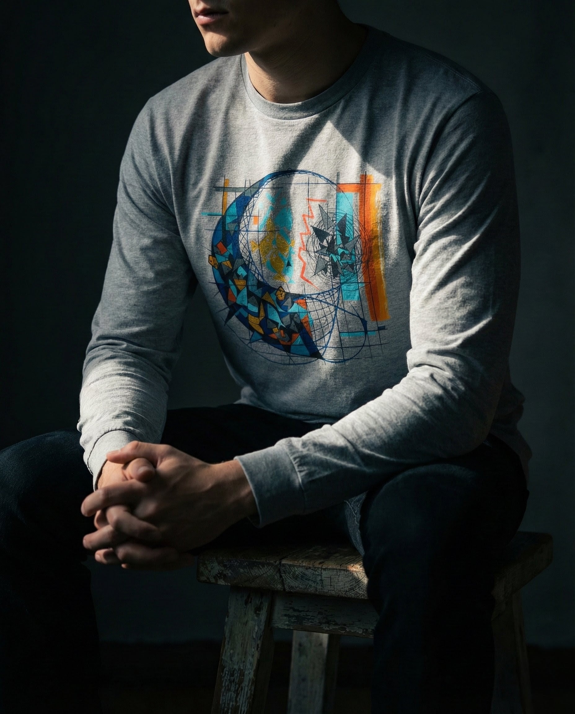 Person wearing a gray long-sleeve shirt with a colorful graphic design, sitting on a stool against a dark background.