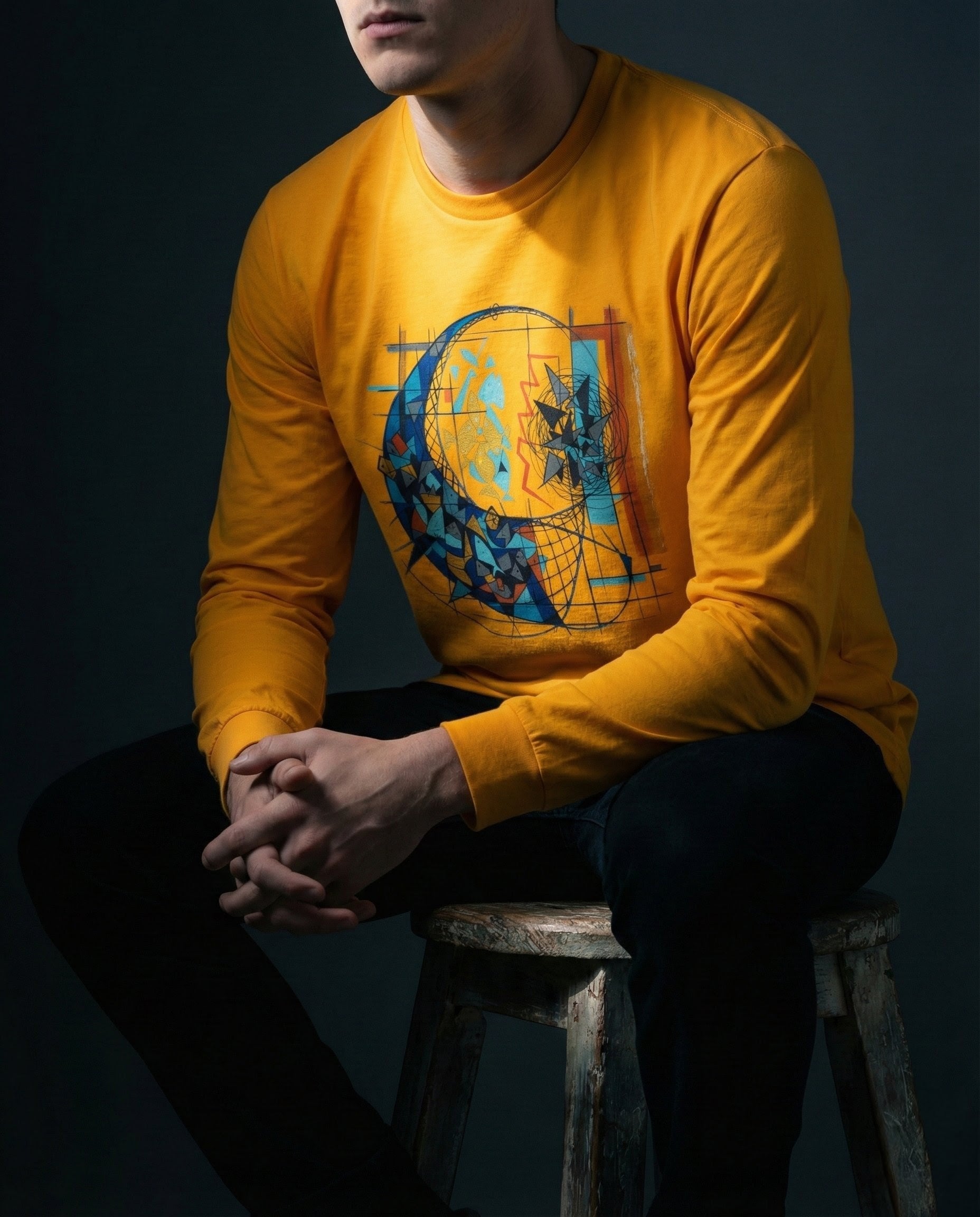 Person wearing a yellow long-sleeve shirt with a graphic design, sitting on a stool against a dark background.