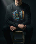 Person wearing a black long-sleeve shirt with a colorful graphic design, sitting on a stool against a dark background.