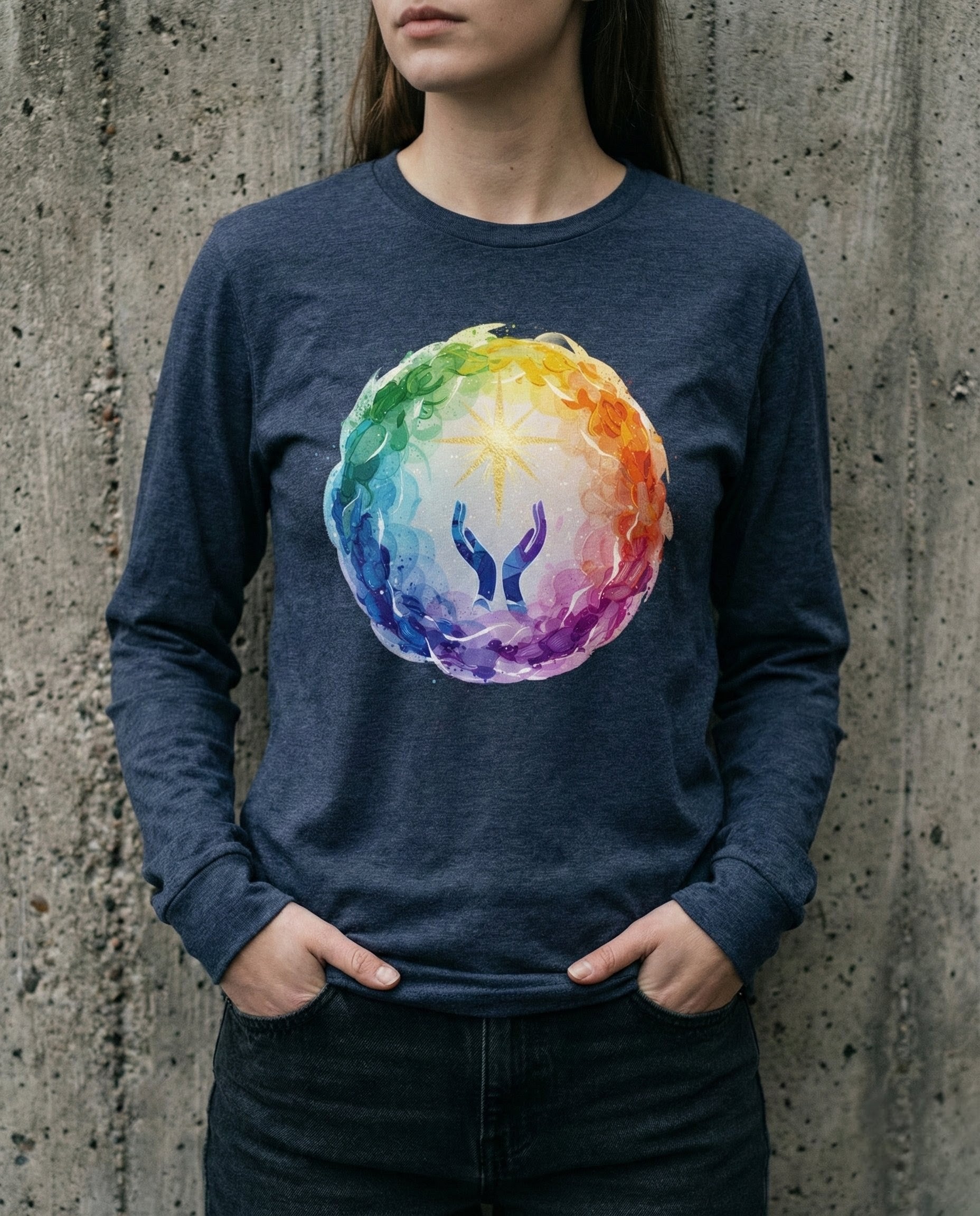 Person wearing a navy blue long-sleeve shirt with a colorful abstract design against a concrete wall.
