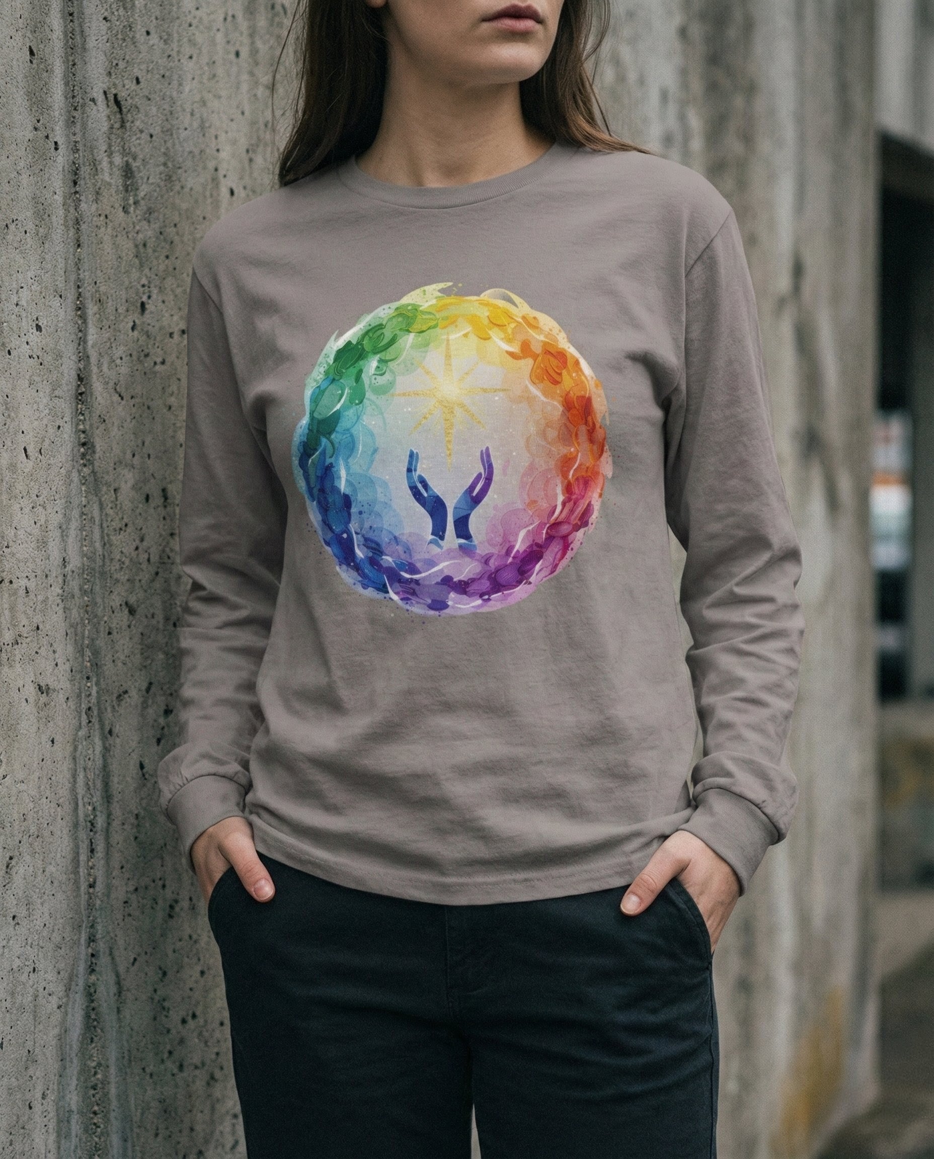 Person wearing a gray sweatshirt with a colorful symbol design against a concrete wall.