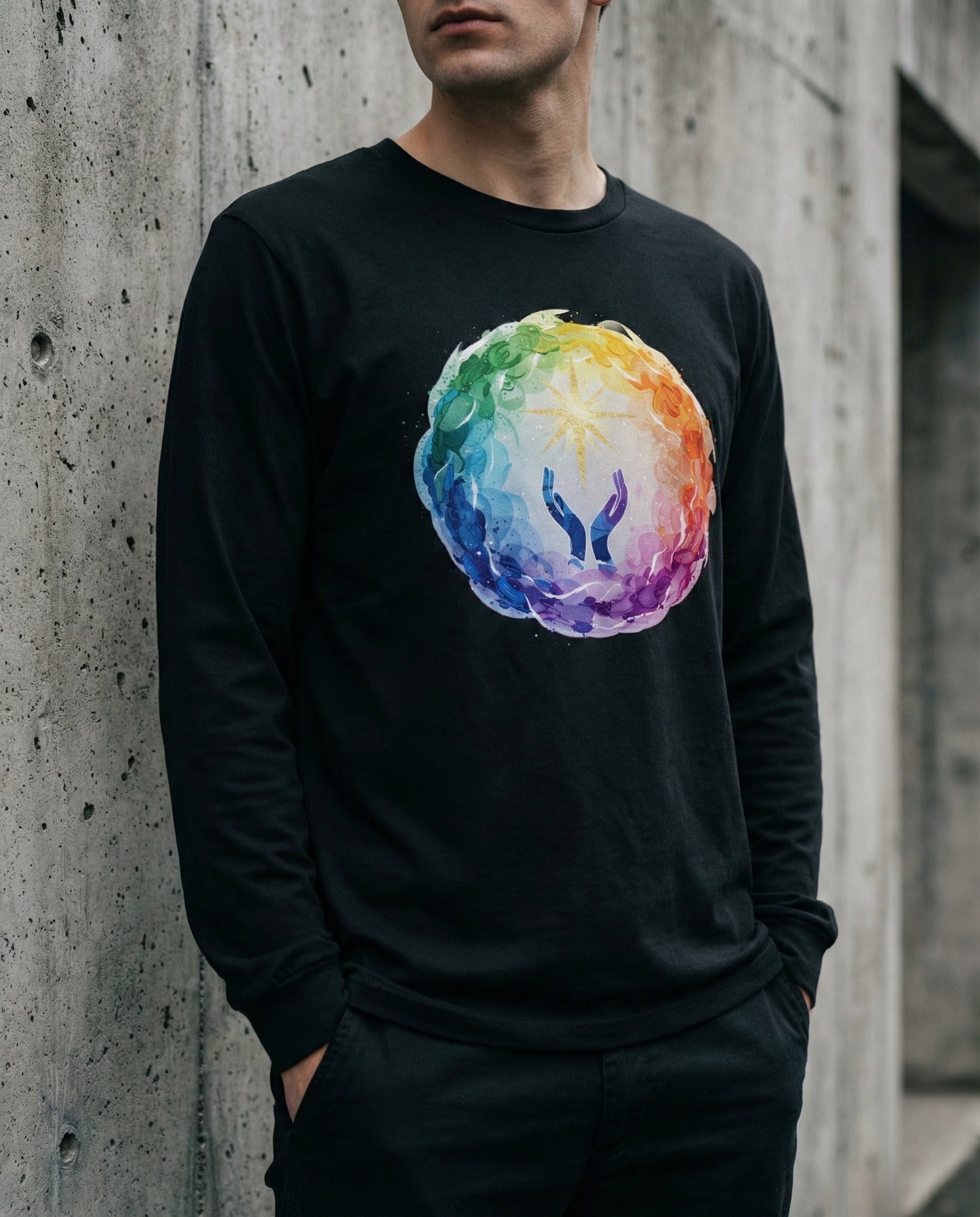 Person wearing a black sweatshirt with a colorful abstract design against a concrete wall.