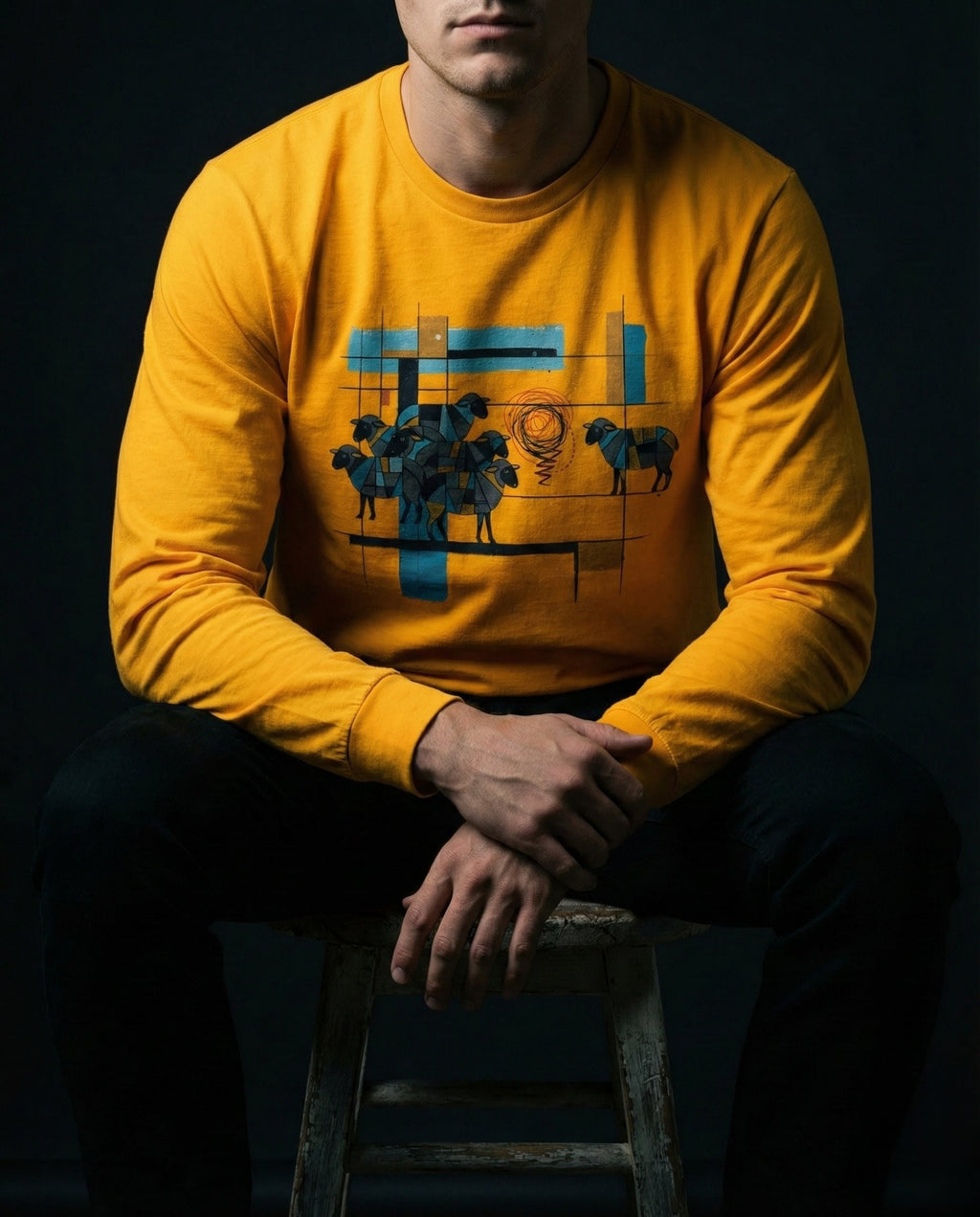 Selah Supply Co. The One Percent Long Sleeve Tee in Gold. Model wearing a Christian graphic long sleeve tee that visualizes the Parable of the Lost Sheep (Luke 15) through an abstract design of a blue flock, an isolated sheep, and a red scribble of chaos.