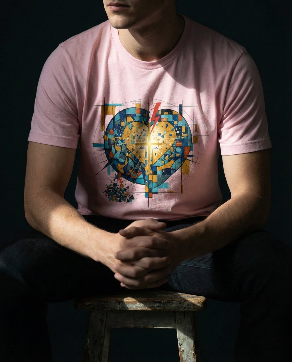 Model wearing the Soft Pink Imperishable tee, showing a blue and teal mosaic heart, golden cross of light and red bolt.