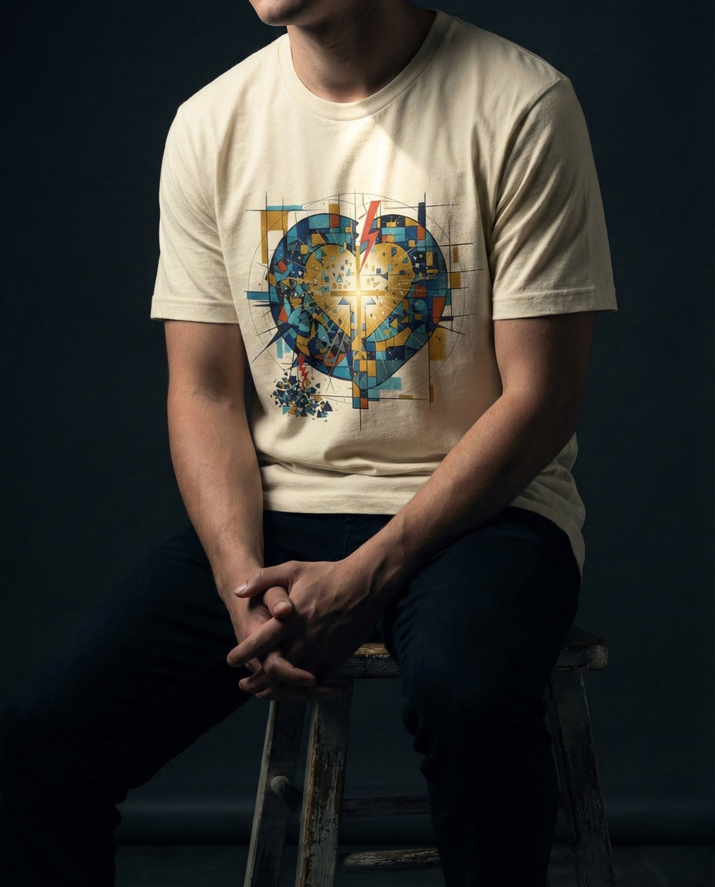 Model wearing the Natural Imperishable tee, showing a blue and teal mosaic heart, golden cross of light and red bolt.