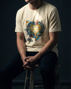 Model wearing the Natural Imperishable tee, showing a blue and teal mosaic heart, golden cross of light and red bolt.