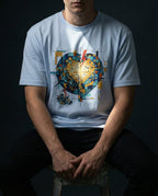 Model wearing the Baby blue Imperishable tee, showing a blue and teal mosaic heart, golden cross of light and red bolt.