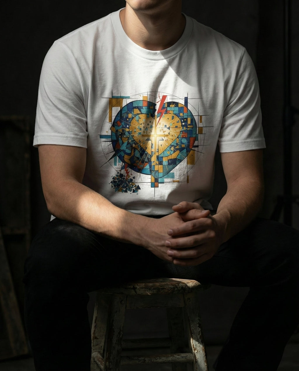 Model wearing the White Imperishable tee, showing a blue and teal mosaic heart, golden cross of light and red bolt.