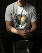 Model wearing the White Imperishable tee, showing a blue and teal mosaic heart, golden cross of light and red bolt.