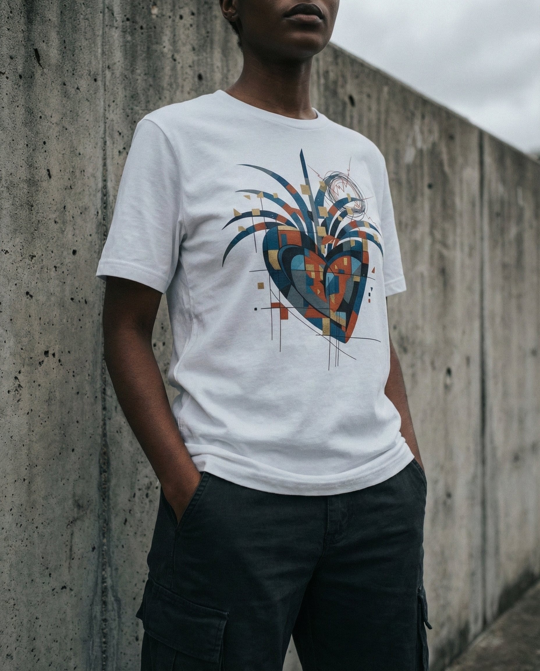 Person wearing a white t-shirt with a colorful heart design against a concrete wall.