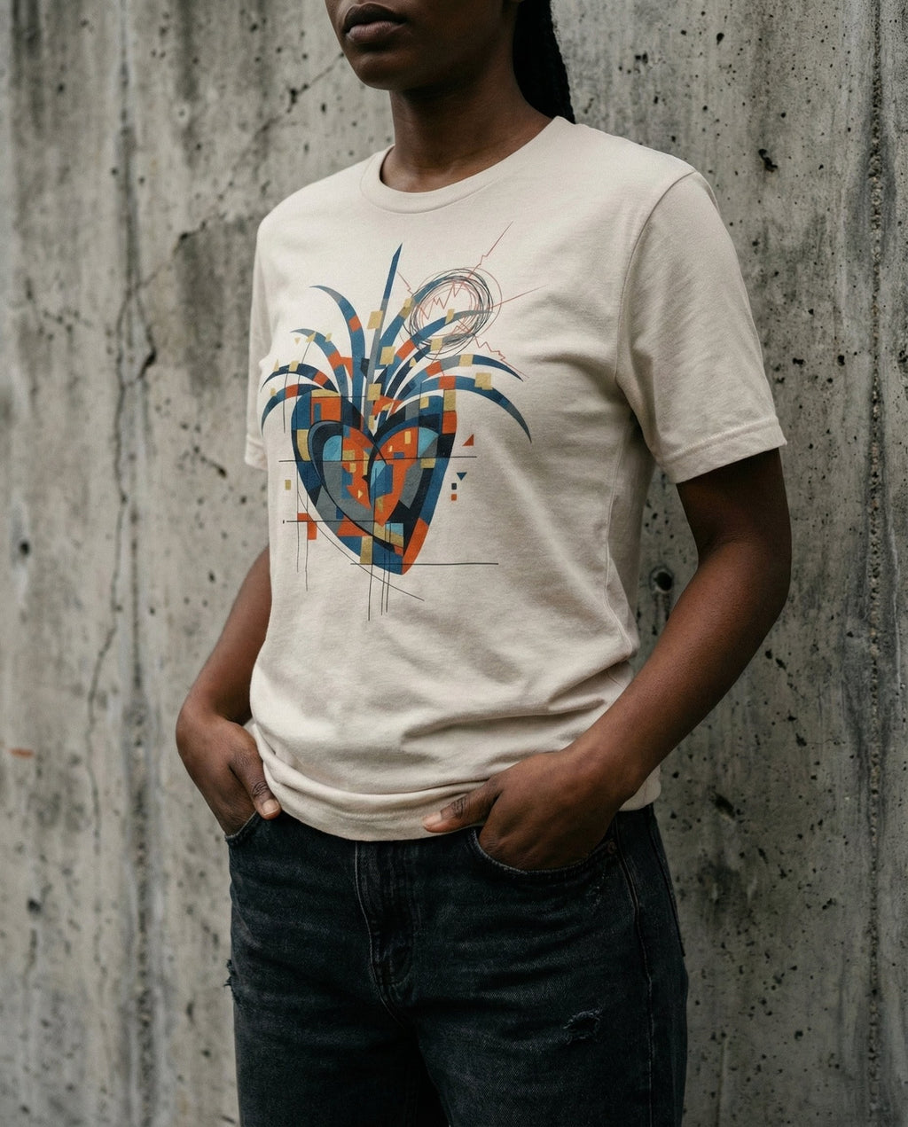 Model wearing the Heather Dust East West Tee with a geometric heart, blue wing-like forms, gold squares and red and black scribbles.