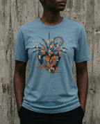 Model wearing the steel blue East West Tee with a geometric heart, blue wing-like forms, gold squares and red and black scribbles.