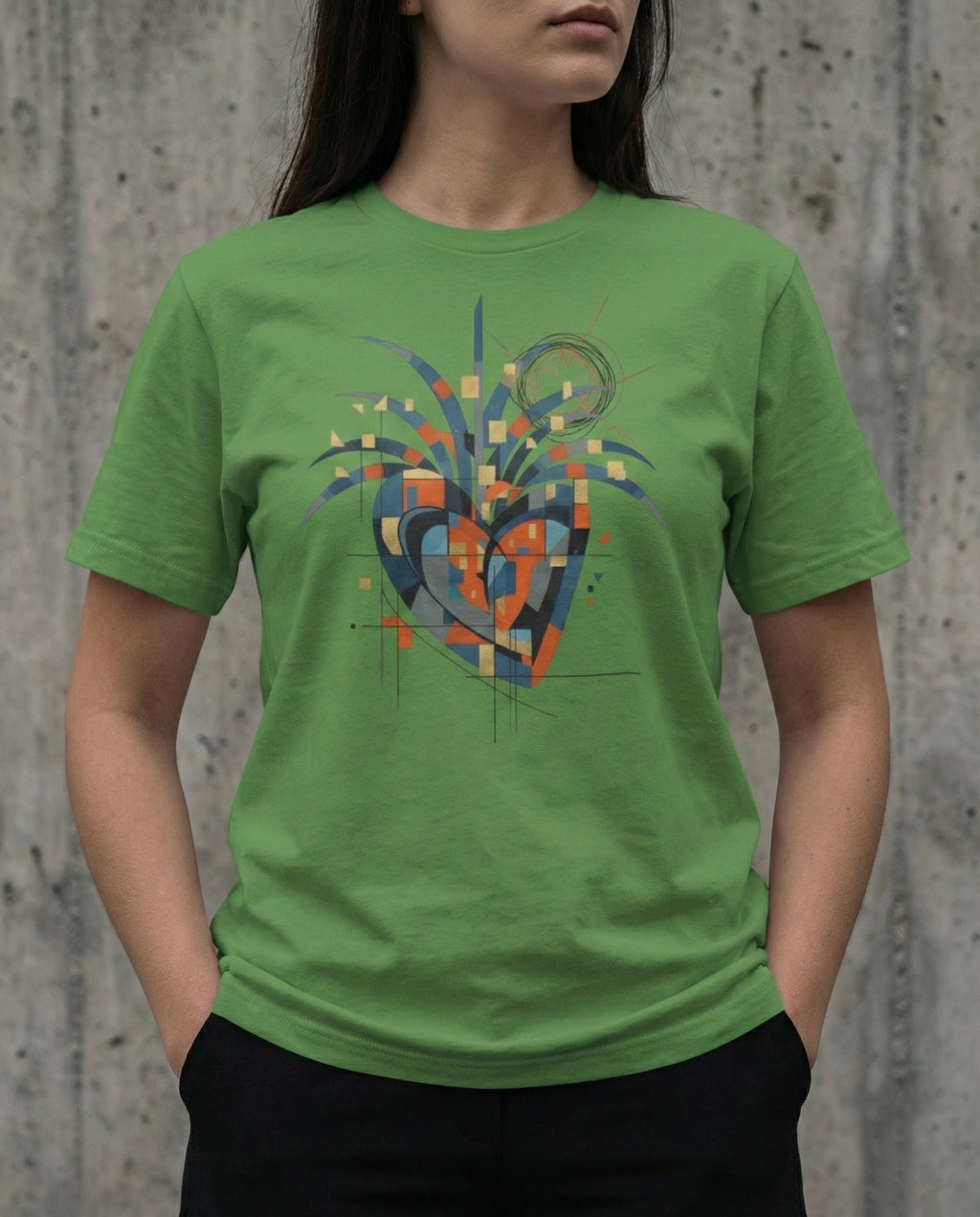 Model wearing the leaf green East West Tee with a geometric heart, blue wing-like forms, gold squares and red and black scribbles.