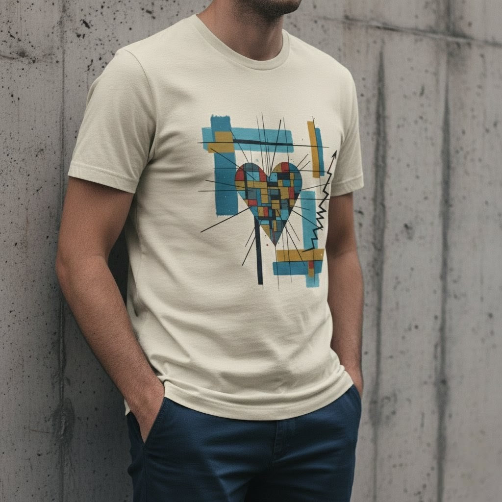 Selah Supply Co. The Search Me Tee in Heather Natural. Model wearing a Christian graphic tee featuring a compartmentalized geometric heart pierced by black lines of examination, based on Psalm 139:23. High-quality urban streetwear styled against a concrete wall.