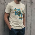Model wearing the Heather Natural Search Me Tee with a geometric heart crossed by black lines, colored blocks and an upward arrow.