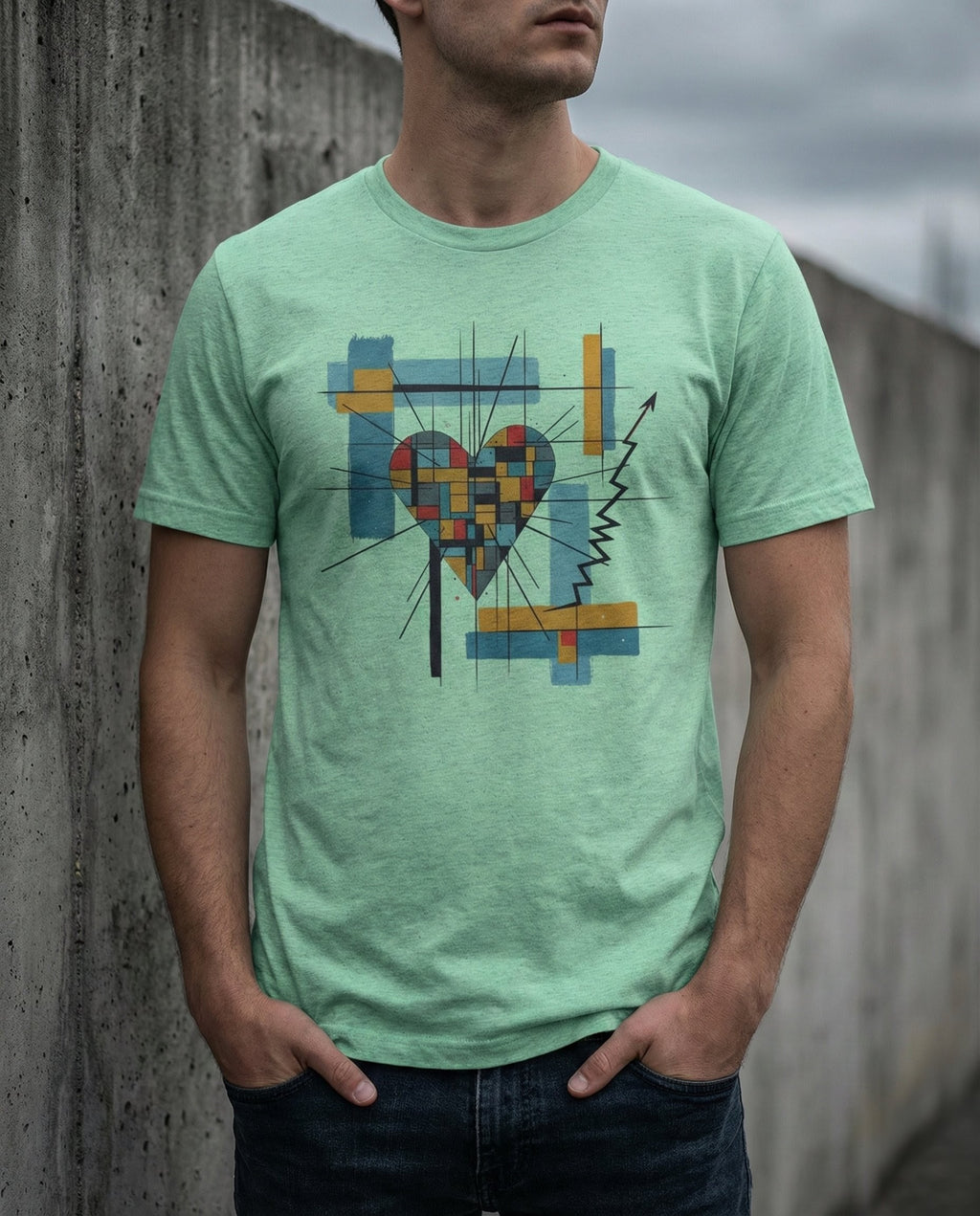 Person wearing a green t-shirt with a geometric heart design against a concrete wall.