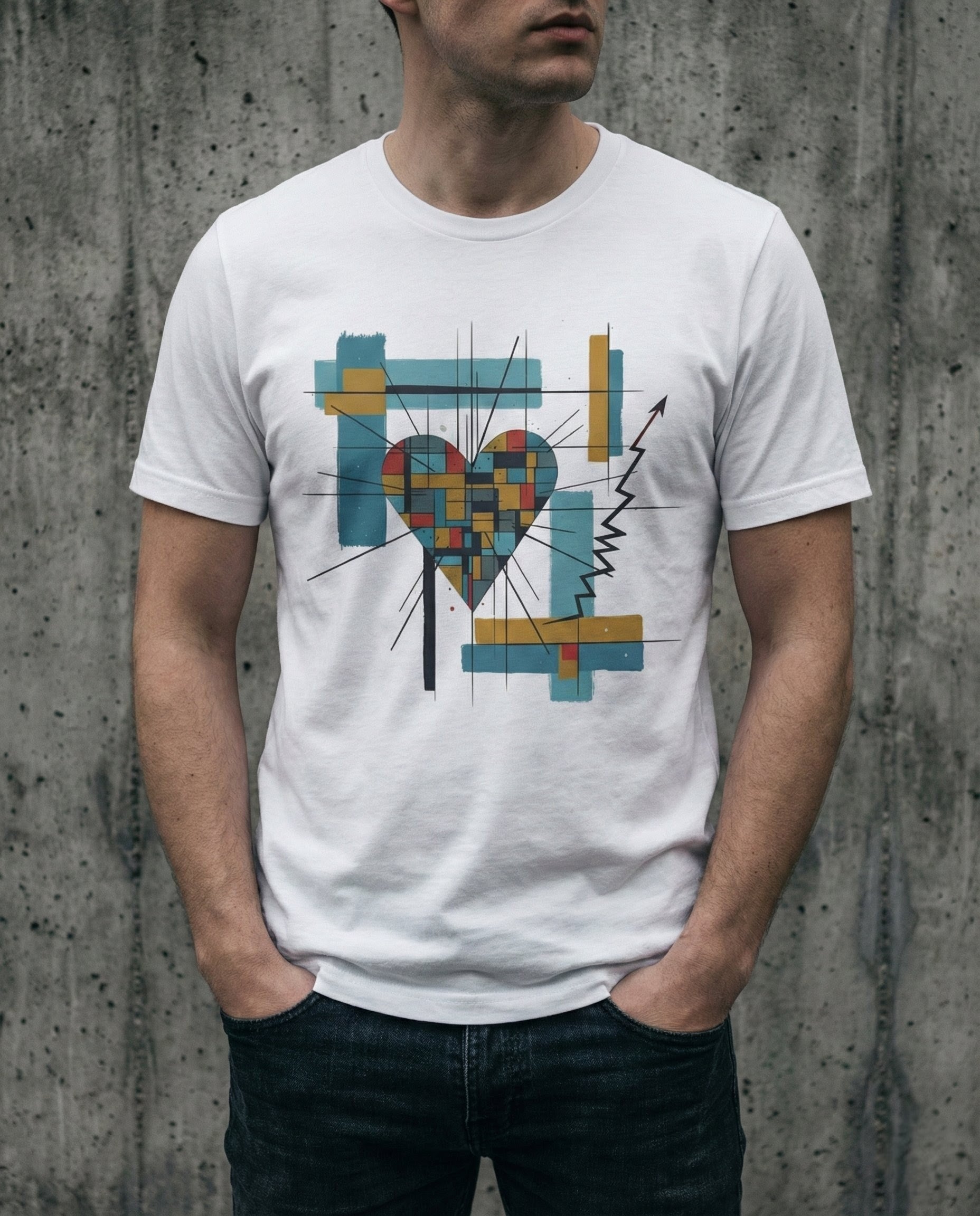 Person wearing a white t-shirt with a colorful geometric heart design against a concrete wall.