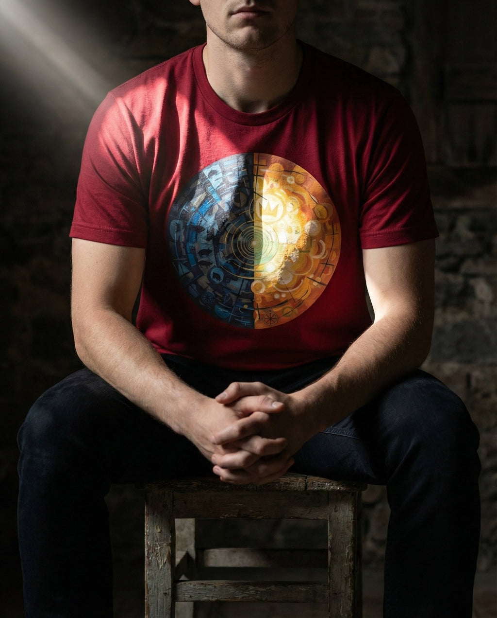 Model wearing the Cardinal Far Country Tee with split blue and gold circular artwork.