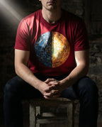 Model wearing the Cardinal Far Country Tee with split blue and gold circular artwork.