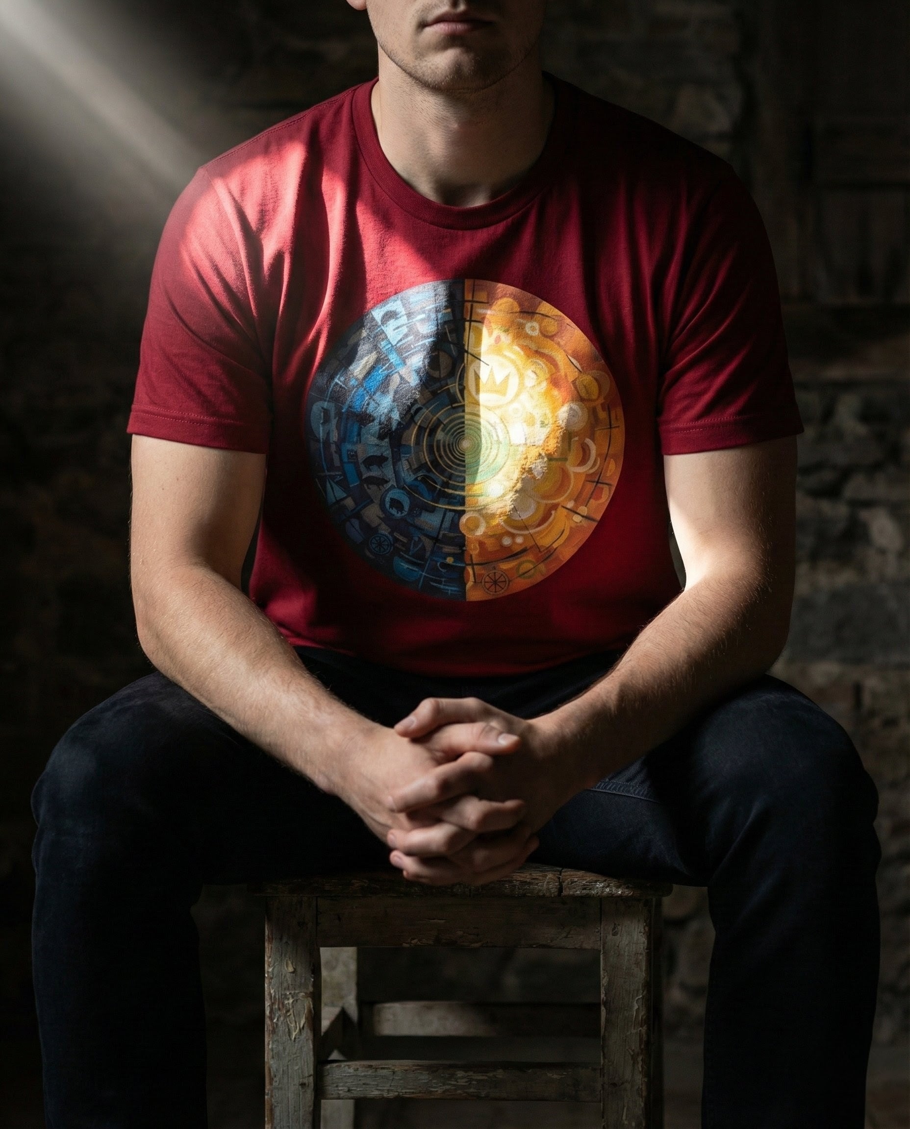 Person wearing a red t-shirt with a colorful circular design, sitting on a wooden stool in a dimly lit room.