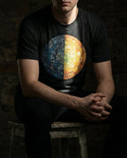 Model wearing the Black Heather Far Country Tee with split blue and gold circular artwork.