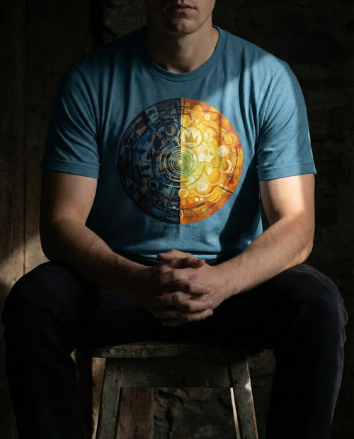 Person wearing a blue t-shirt with a colorful design sitting on a wooden stool.