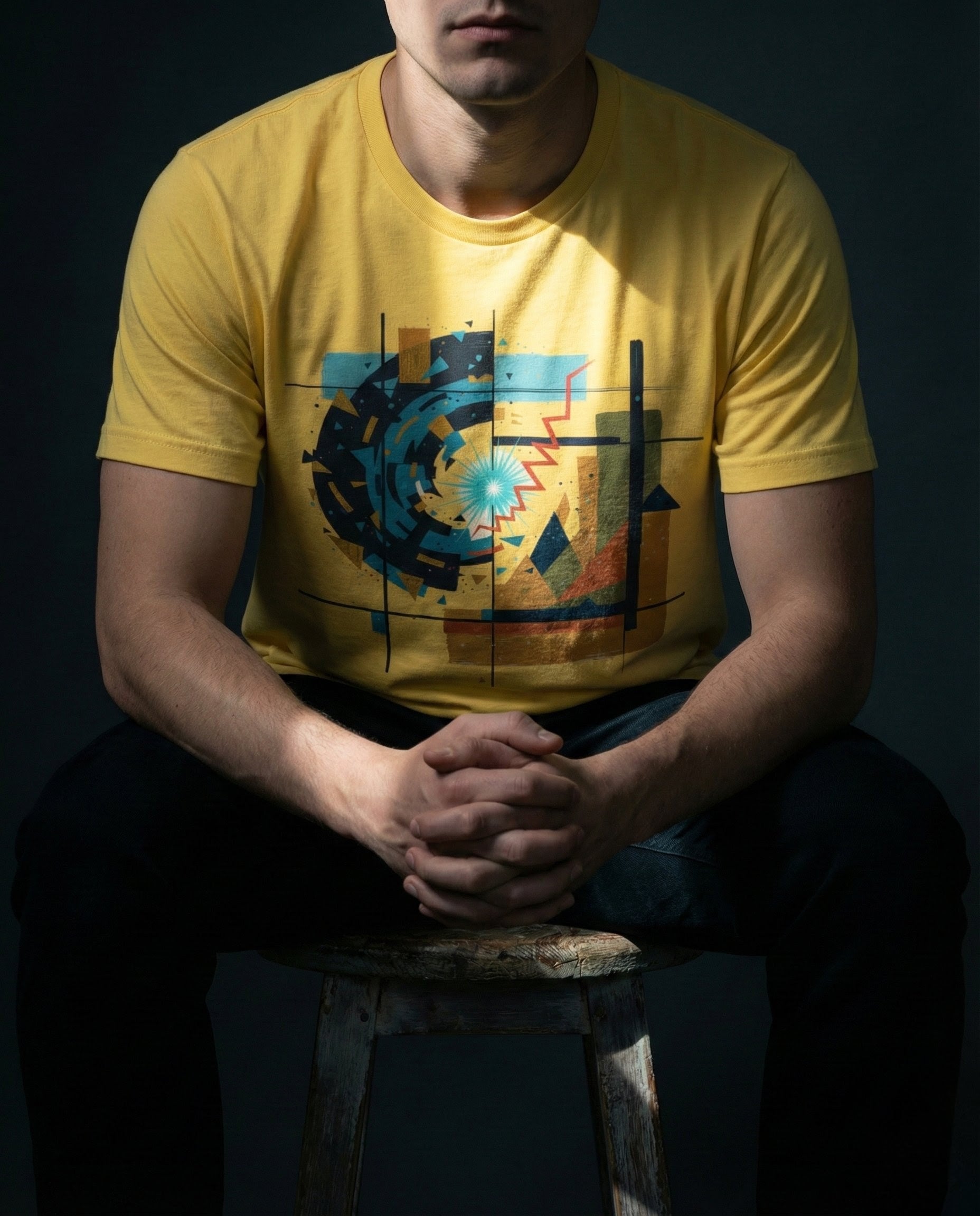Person wearing a yellow t-shirt with a colorful abstract design, sitting against a dark background.