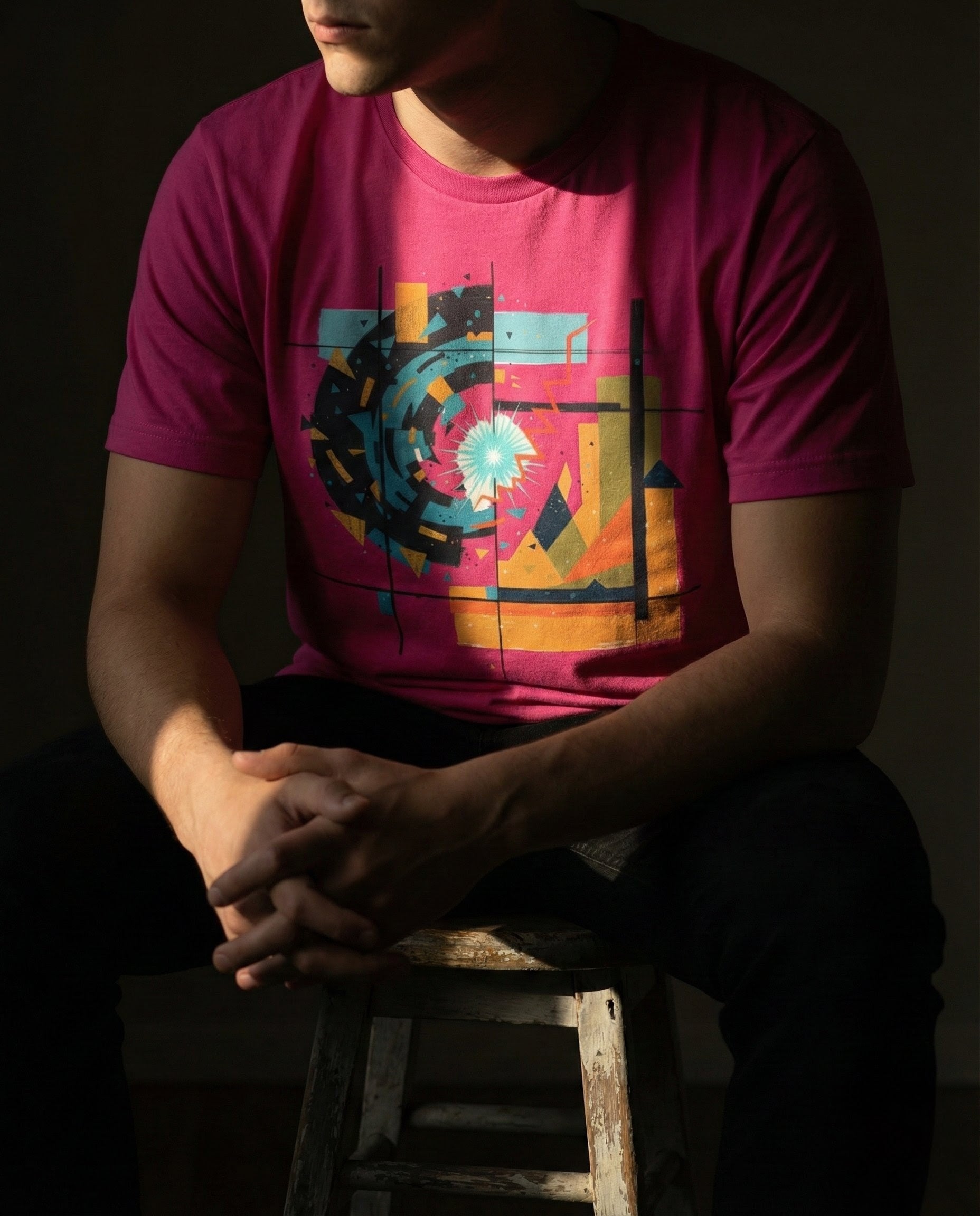 Person wearing a pink t-shirt with a colorful graphic design, sitting on a wooden stool against a dark background.